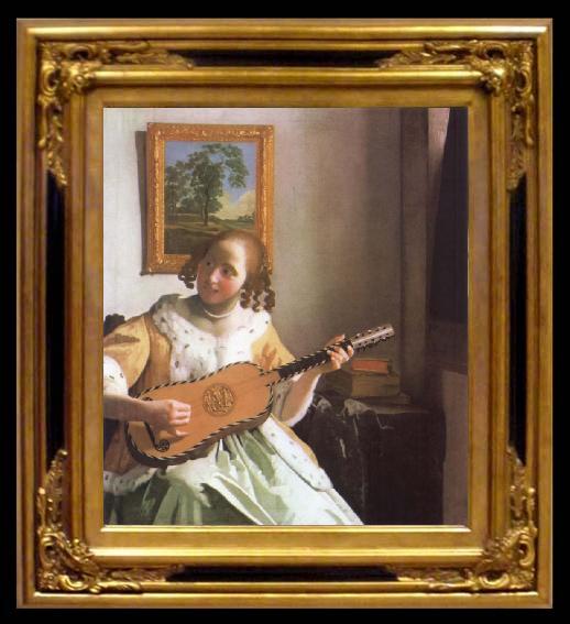 framed  Jan Vermeer Woman is playing Guitar, Ta010